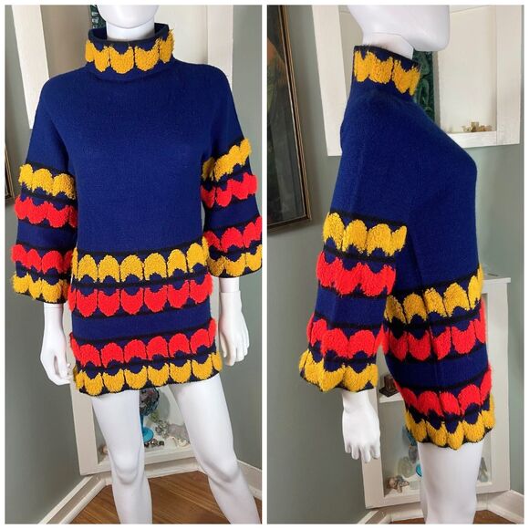 Unbranded Dresses & Skirts - Vintage 60s 70s Mod Geometric Tunic Micro Mini Sweater Shift dress Wide Sleeve